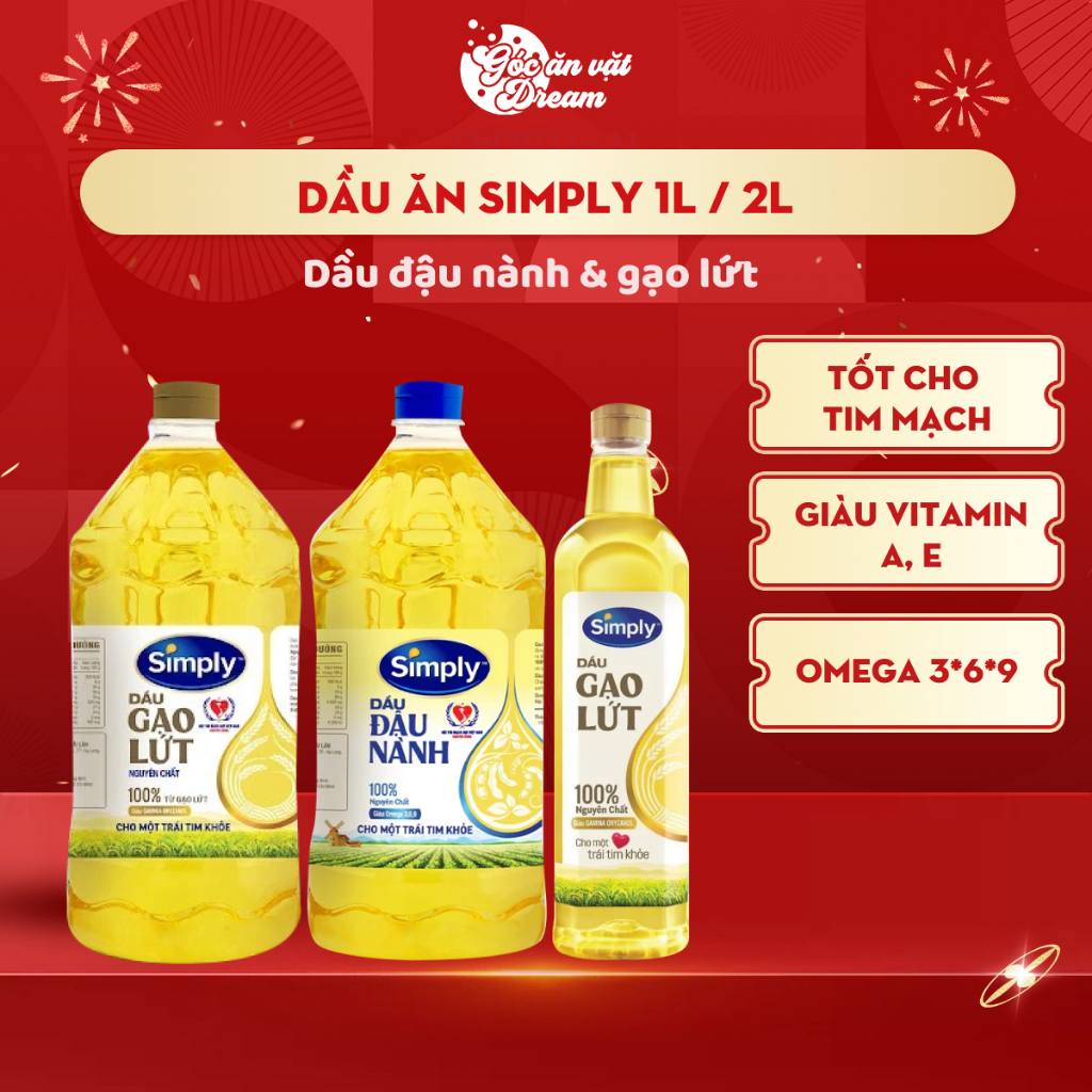 Dầu ăn Simply 1L / 2L | Dầu đậu nành & gạo lứt | Dầu ăn 1 lít 2 lít | Dầu chiên xào tốt cho tim mạch
