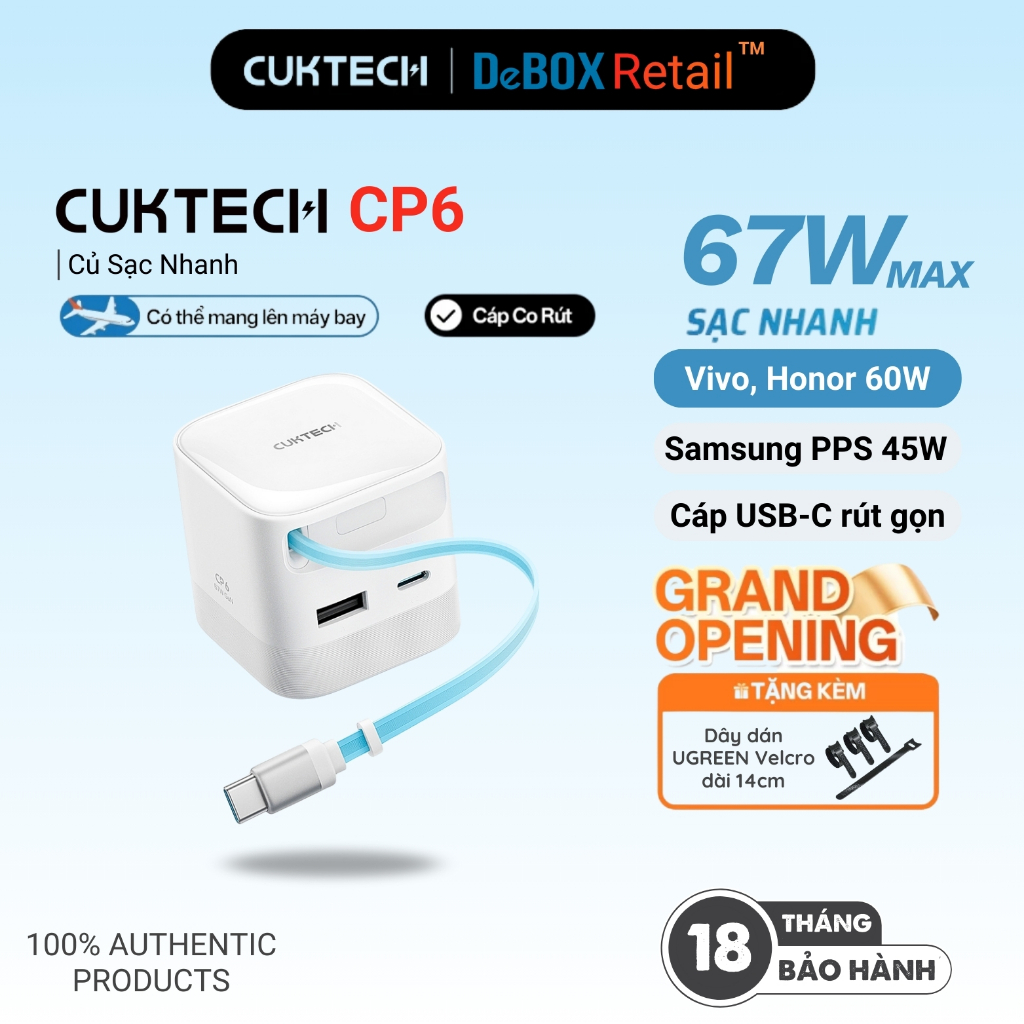 Củ Sạc Nhanh GaN CUKTECH CP6 Kèm Cáp C Rút Gọn | Công Suất Sạc MAX 67W | Cổng Sạc 2C1A | Bảo hành 18