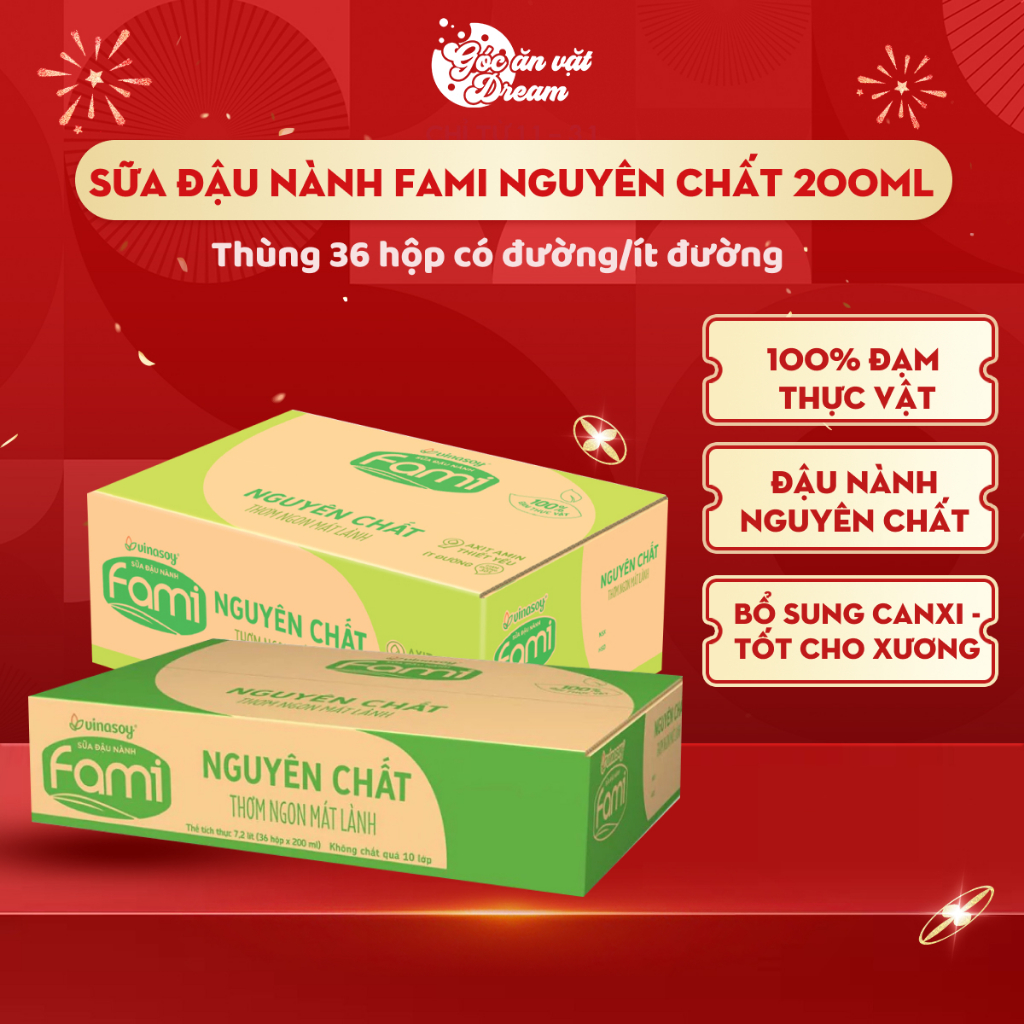 Sữa Đậu Nành Fami Nguyên chất 200ml | Sữa Fami thùng 36 hộp | Sữa uống bổ sung canxi, thơm ngon