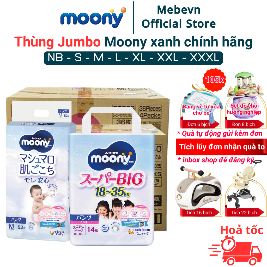 Thùng Jumbo bỉm Moony Xanh, bỉm moony chính hãng Dán/Quần khô thoáng cả ngày, không lo hăm bí