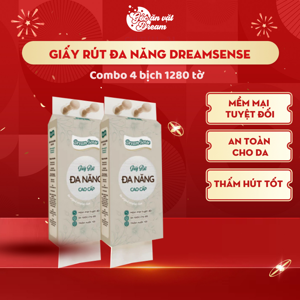 Giấy Rút Đa Năng DreamSense – Khăn Giấy Rút Cao Cấp| Mềm Mịn, An Toàn Cho Da, Thấm Hút Tốt | Combo 4 bịch 1280 tờ