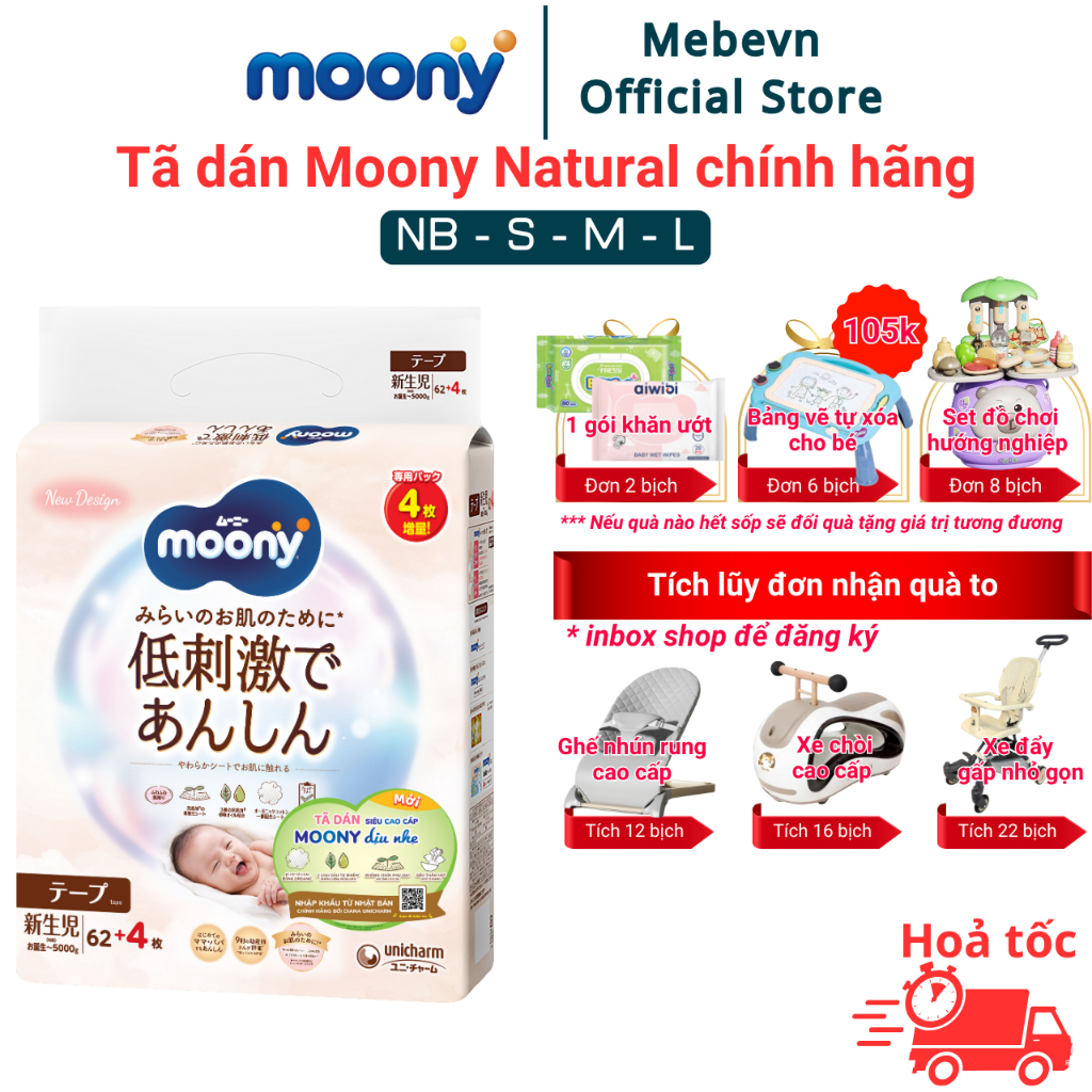 Bỉm moony trắng, bỉm moony natural chính hãng, tã dán moony đủ size NB62/S58/M46