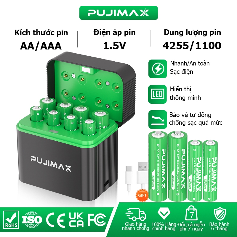 PUJIMAX Bộ sạc pin thông minh 8 khe Li-ion AA/AAA 1.5V 4255mWh/1100mWh – Tự…