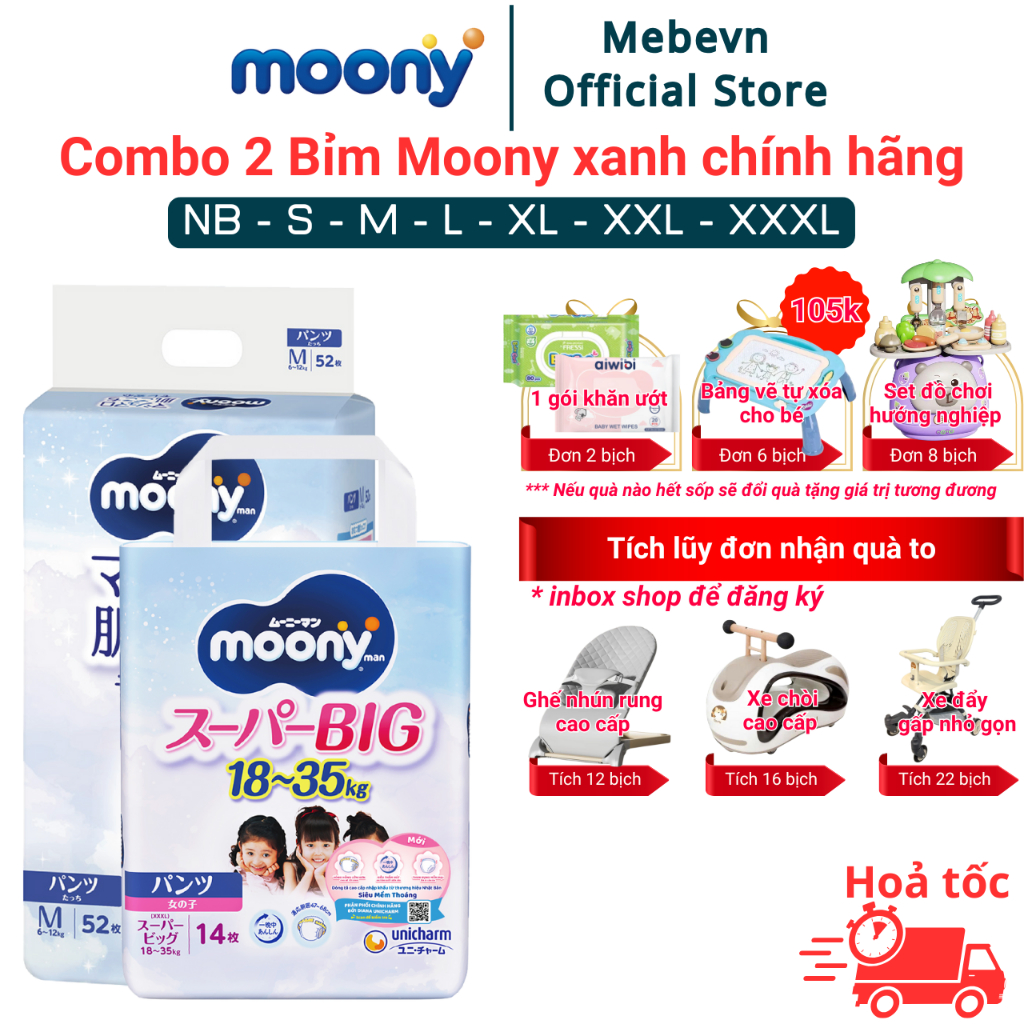 Combo 2 bỉm Moony Xanh, bỉm moony chính hãng Dán/Quần khô thoáng cả ngày, không lo hăm bí