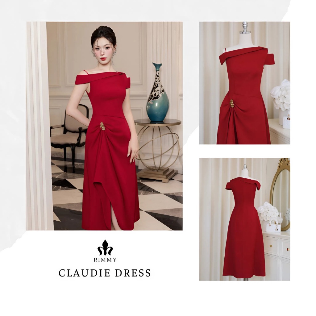 Claudie Đầm Tuytsi Hàn Đỏ Trễ Vai Lệch Dáng Suông Dài Đính Hoa Mạ Vàng Sang Trọng Thời Trang Thiết K