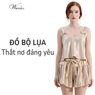 Đồ bộ mặc nhà WANNABE đồ bộ quần sọt áo hai dây bản to trang trí nơ xinh mang lại vẻ dễ thương BSS37