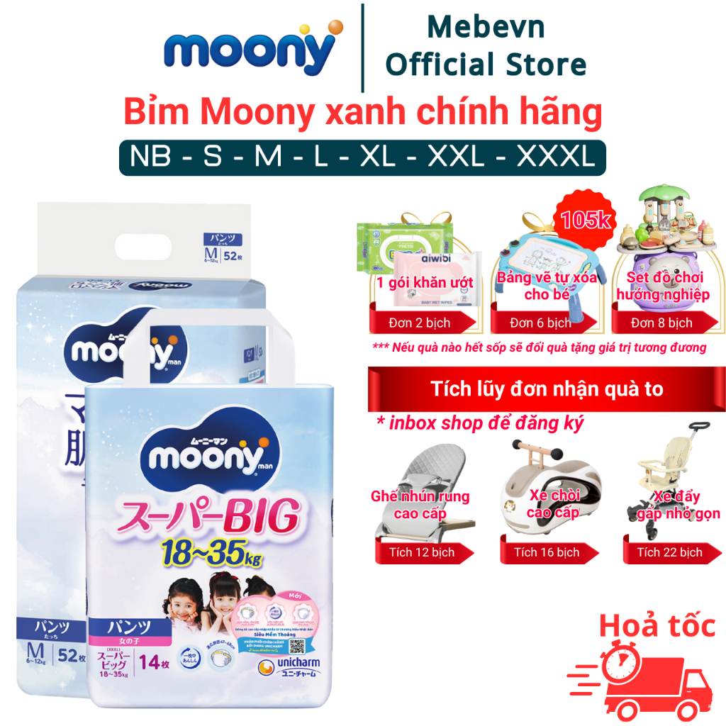 Bỉm Moony Xanh, bỉm moony chính hãng Dán/Quần khô thoáng cả ngày, không lo hăm bí