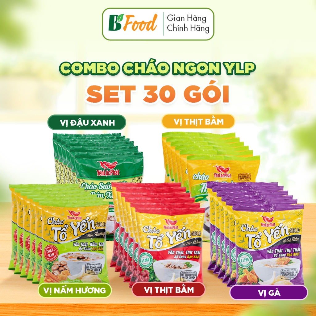 Cháo gói ăn liền YLP - COMBO 30 gói, 5 vị yến gold, nấm, gà, đậu xanh, thịt bằm, mỗi vị 6 gói