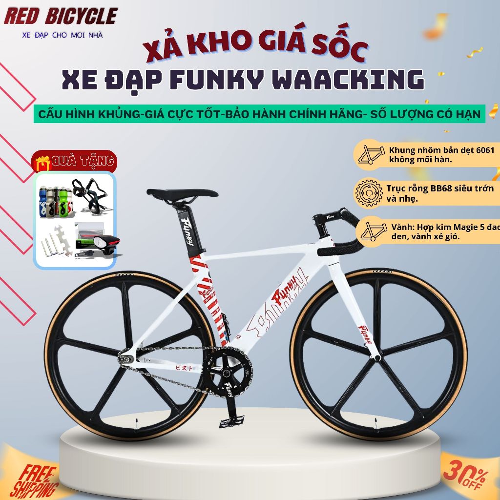 [SALE XẢ KHO ]Xe Đạp Fixed Gear FUNKY WAACKING- Màu Trắng Cao Cấp Trục Rỗng, Tay Cong Vành 5 Đaoo Cá
