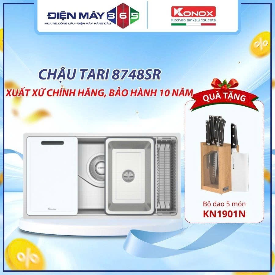 [ MUA CHẬU + VÒI TẶNG BỘ DAO 5 MÓN] Chậu rửa bát inox 1 hố chống xước Phong cách Nhật Konox TARI 874