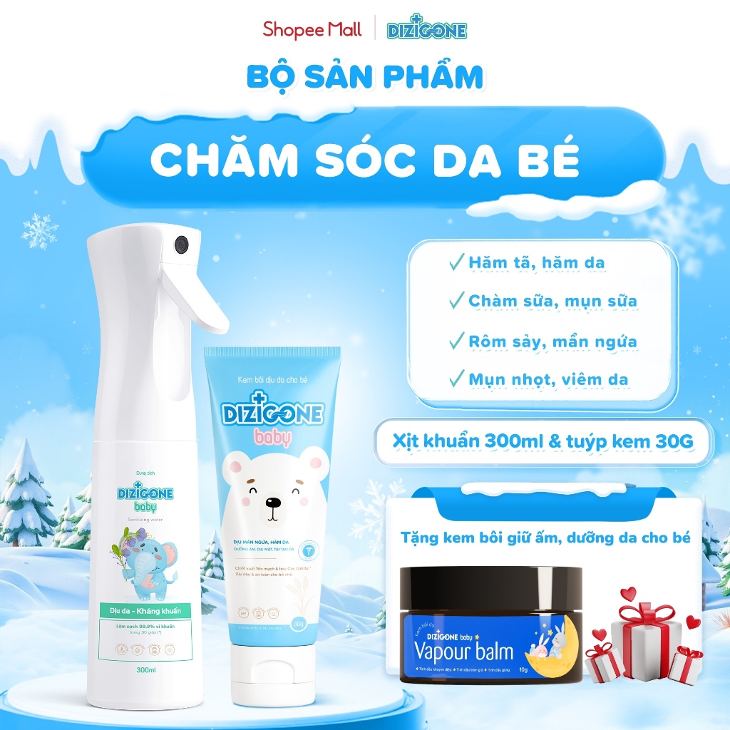 [COMBO] Xịt kháng khuẩn DIZIGONE Baby 300ml & Kem DIZIGONE Baby 30g: Đẩy lùi hăm tã, chàm sữa, chăm 