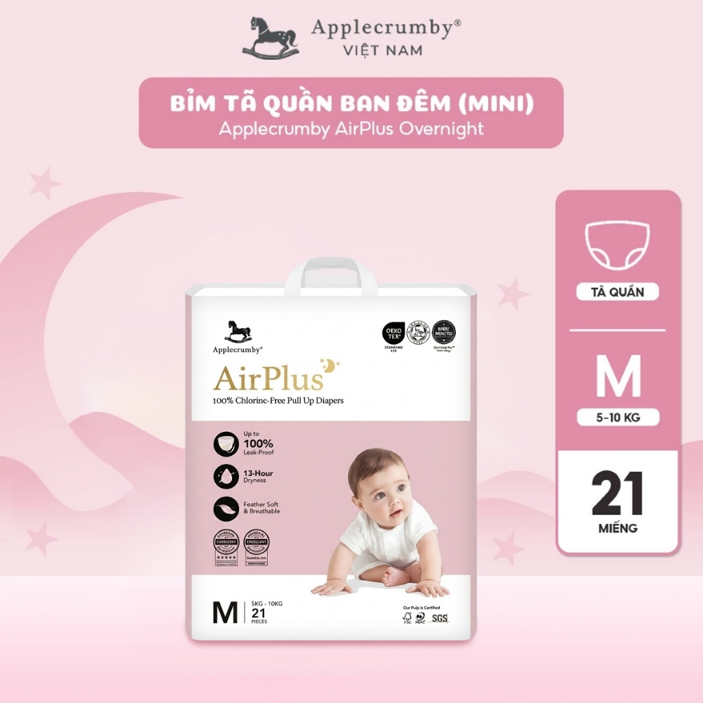 Bỉm tã quần đêm Applecrumby Airplus Overnight Pull Ups  size M - XXL an toàn cho bé