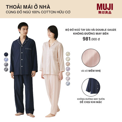 [26SS] MUJI Bộ Đồ Ngủ Tay Dài Vải Double Gauze Không Đường May Bên - Nam