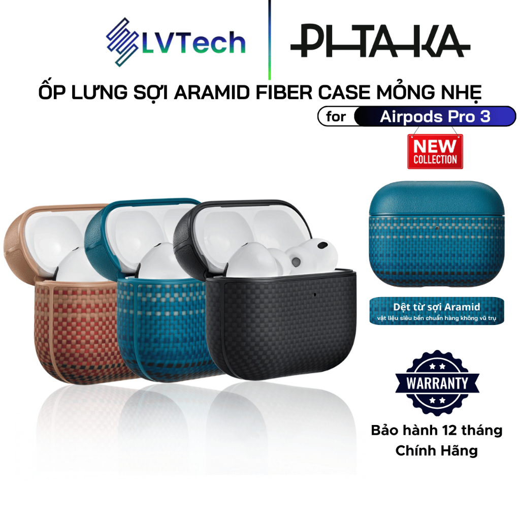 Ốp Case Bảo Vệ PITAKA cho Airpods Pro 3, Aramid Fiber Case, Sạc Từ Tính, Chống Sốc, Sang Trọng, Mỏng