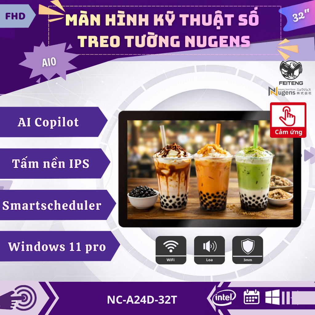 Màn hình kỹ thuật số 32" AIO Nugens (J6412/8GB/128GB/Win11 Pro), cảm ứng mượt mà, màu đen sang trọng