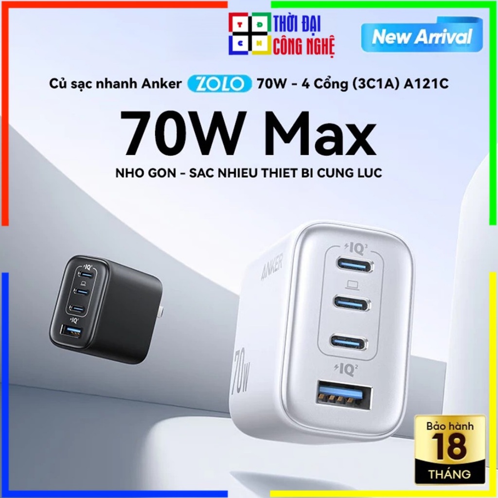 Củ Sạc Anker Zolo A121C 70W 3C1A Multiport GaN - Sạc Nhanh Laptop/iPhone/Android - Nhỏ Gọn - BH 18 T