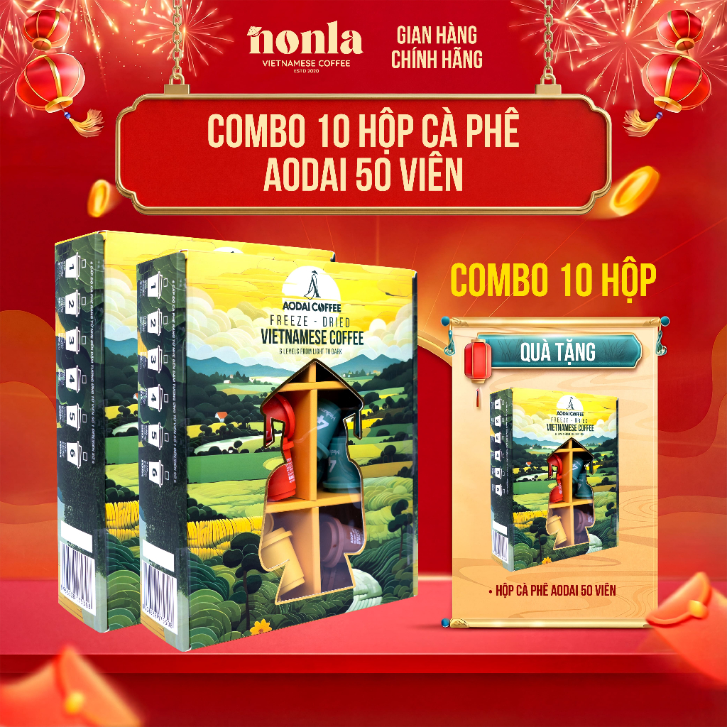 [ Tặng 1 Hộp 50 Viên ] Combo 10 Hộp 50 Viên Cà Phê Hòa Tan Sấy Thăng Hoa AODAI COFFEE 6 Cấp Độ