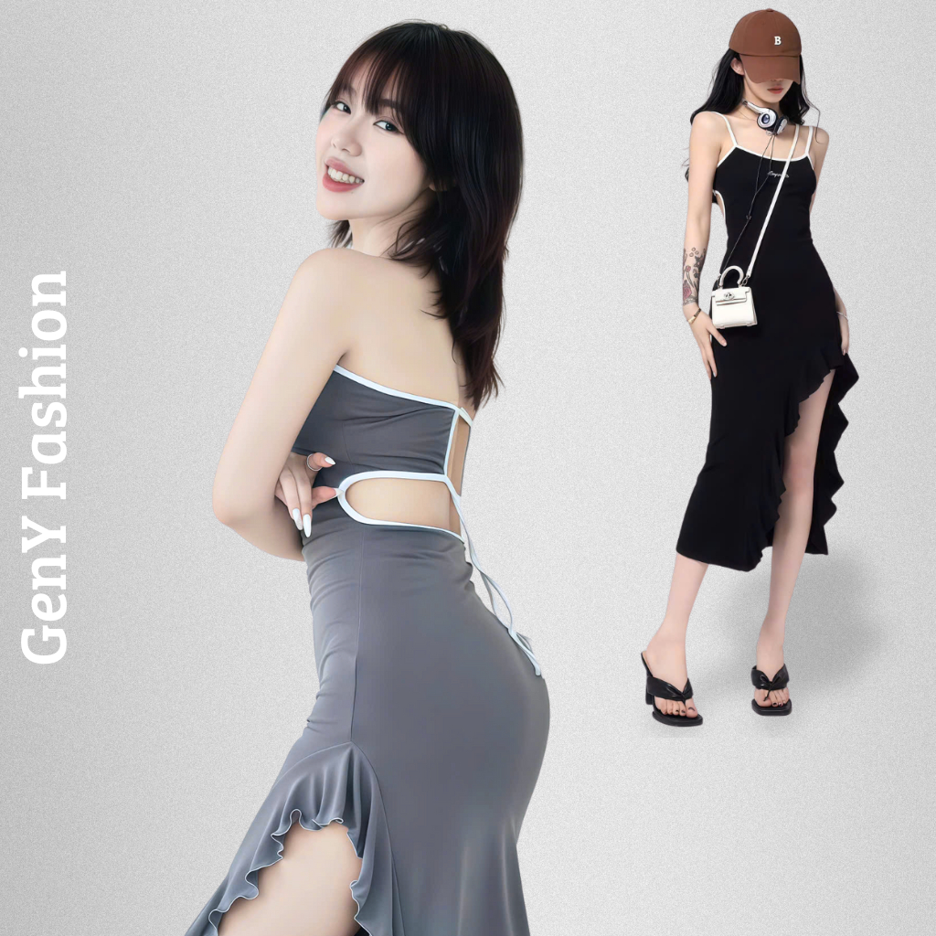 Đầm Body Cổ Yếm Hở Lưng Dây Rút GenY Váy Ôm Body Xẻ Tà Gợi Cảm Chất Vải Mềm Mại Co Giãn T11