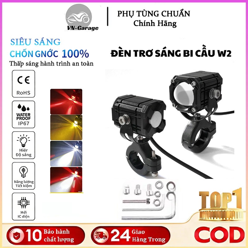 Đèn trợ sáng bi cầu W2 48V 4 chế độ mắt quỷ 2 ánh sáng vàng - trắng demi đỏ kèm passing BH(Giá 1Đèn)