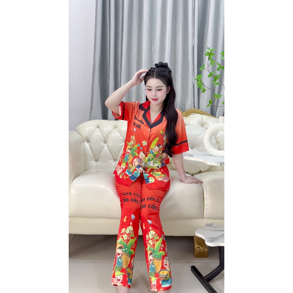 Bộ Pijama Concept Tết Z5 Kim Thanh - Lụa Latin Short Bông Tay Ngắn Quần Dài Mát Mịn Size 40-72kg | BigBuy360 - bigbuy360.vn