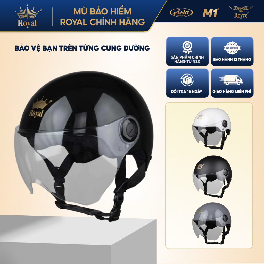 Mũ bảo hiểm nửa đầu Royal M162K có kính chắn che mặt đi xe máy chính hãng bảo hành 12 tháng