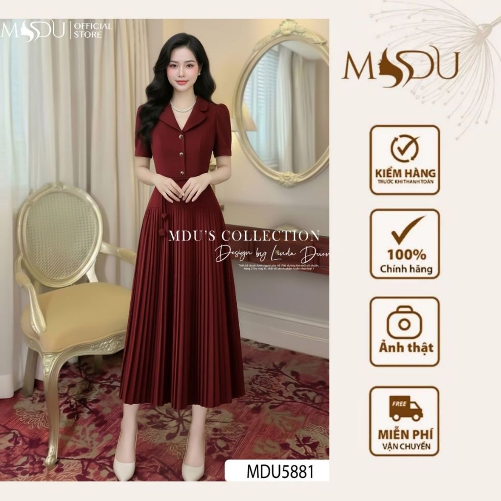 Váy Công Sở MDU5881 Gold Nhật Mềm Mại Giữ Form Dáng Xòe Ly Nhẹ Cổ Vest Trang Nhã