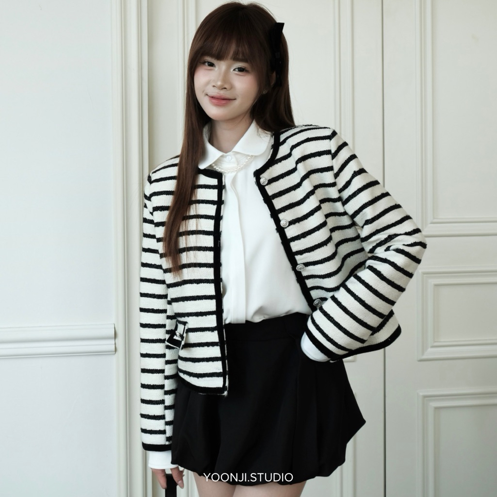 YOONJI - Áo khoác dạ kẻ viền nhung