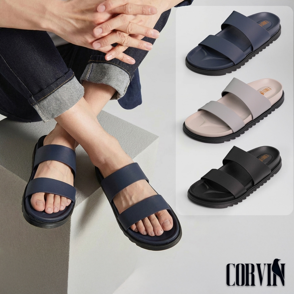 Dép da Corvin Ocean quai ngang đôi  da Microfiber đế đệm cao su form công thái học êm chân chống thấ