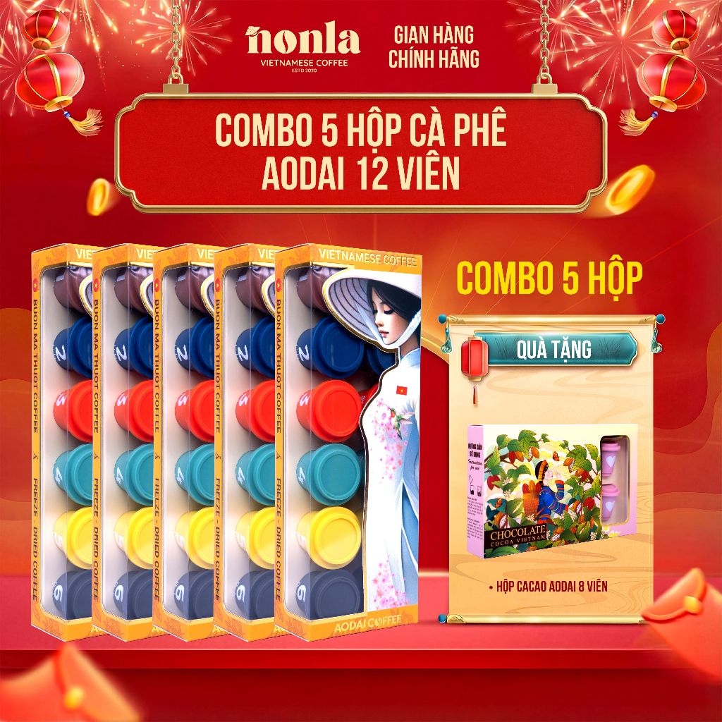 [ Tặng 1 Hộp 8 Viên Cacao ] Combo 5 Hộp 12 Viên Cà Phê Hòa Tan Sấy Thăng Hoa AODAI COFFEE 6 Cấp Độ
