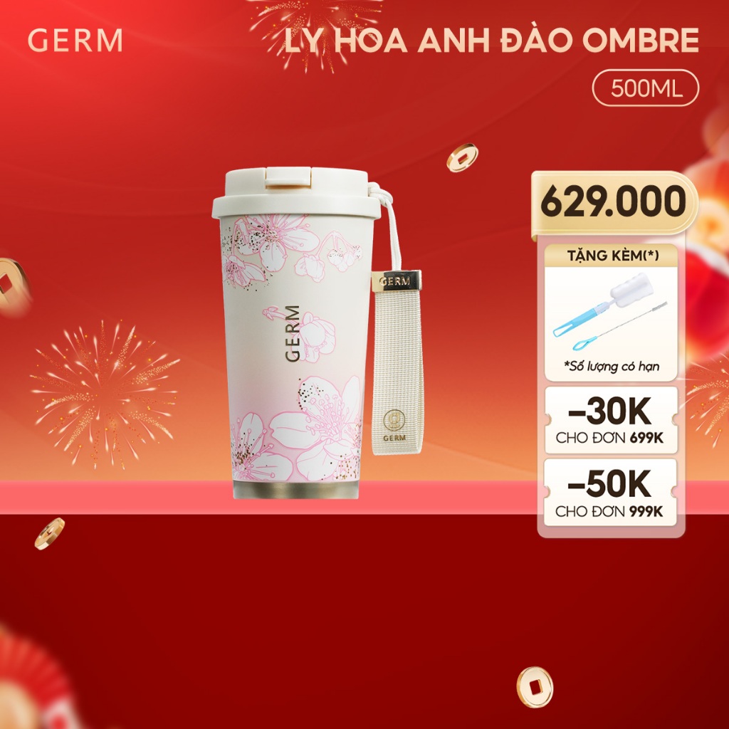 Quà Tết Cao Cấp - Ly Giữ Nhiệt Inox 316 Nguyên Khối GERM Hoa Anh Đào 500ml Màu Ombre - GE-24SS-DB77