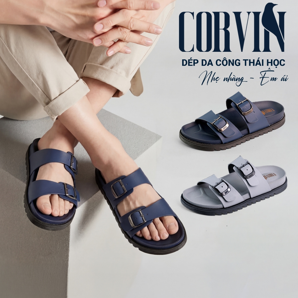 Dép da Corvin Earo quai ngang đôi 2 khóa da Microfiber đế đệm cao su form công thái học êm chân chốn