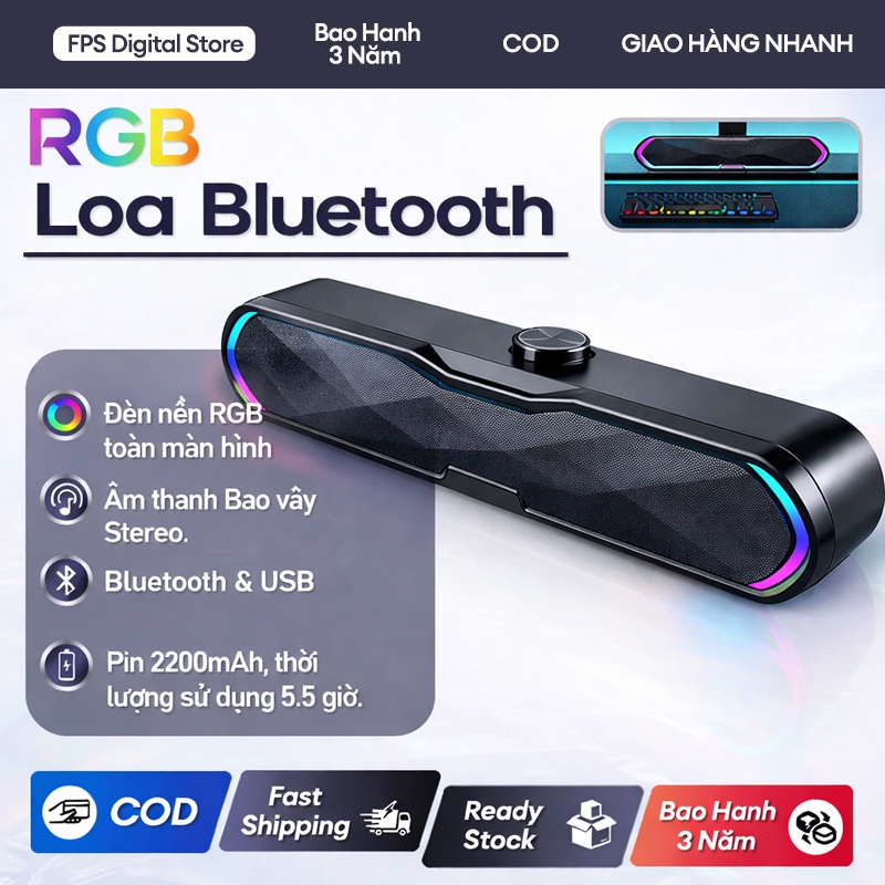FPS RGB Loa Thanh Soundbar Bluetooth Công Suất 10W Bass Trầm Mạnh Mẽ - Hỗ Trợ USB, Bluetooth