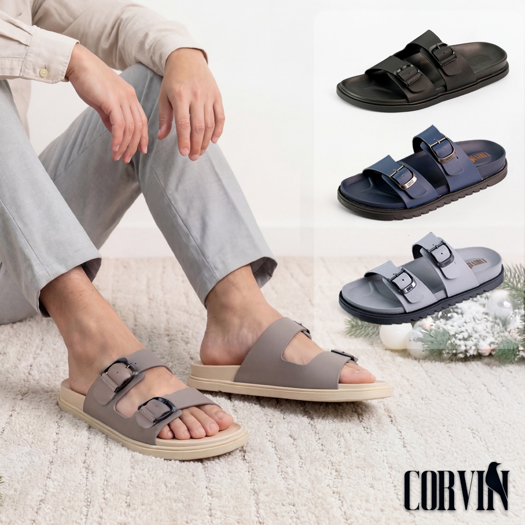 Dép da nam quai ngang CORVIN 2 khóa thanh lịch da microfiiber chống nước, form công thái học ôm chân