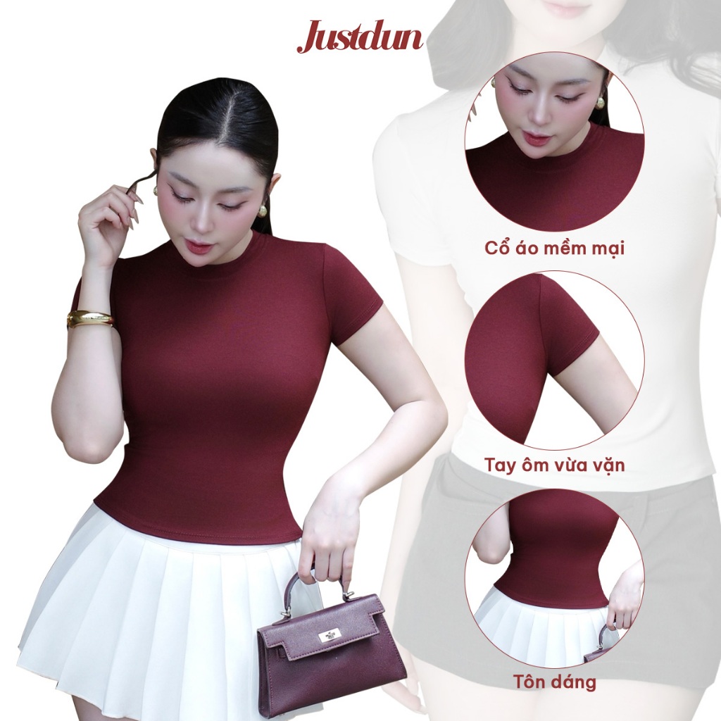 Áo Thun Nữ Ôm Body JUSTDUN B18 Cổ Tròn Tay Ngắn, Cotton Mịn Co Giãn 4 Chiều, Mềm Mại Thoáng Khí | BigBuy360 - bigbuy360.vn