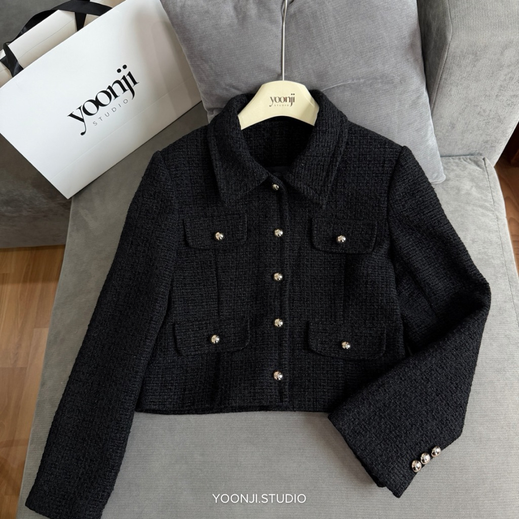 YOONJI - Áo khoác dạ tweed 4 túi cúc vàng