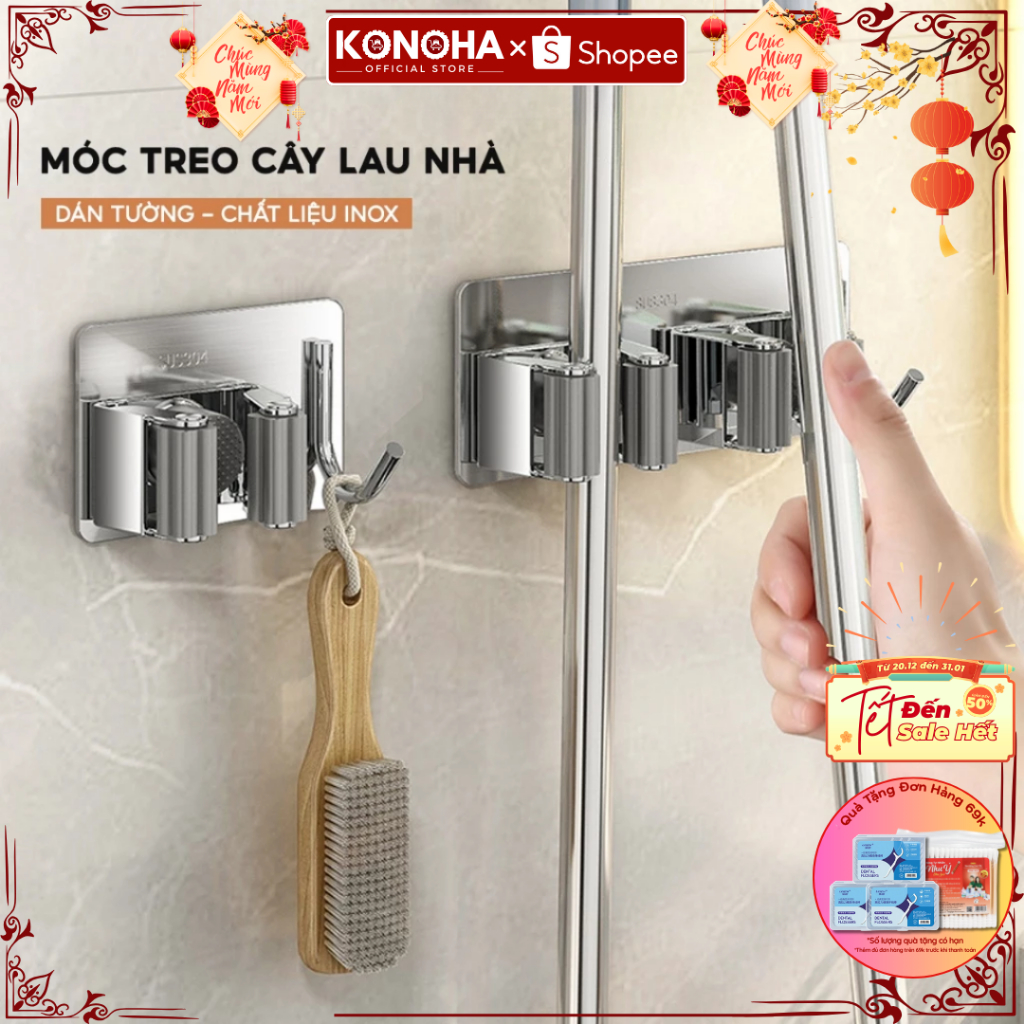 Móc Treo Cây Lau Nhà Dán Tường Inox 304 Siêu Dính - Móc Dán Tường Treo Chổi Giữ Đồ Kèm Móc Tiện Lợi