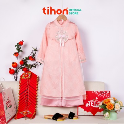 Áo dài cách tân cho bé TIHON cao cấp lụa vân chìm 2 tà phối voan kèm quần lụa SET755120
