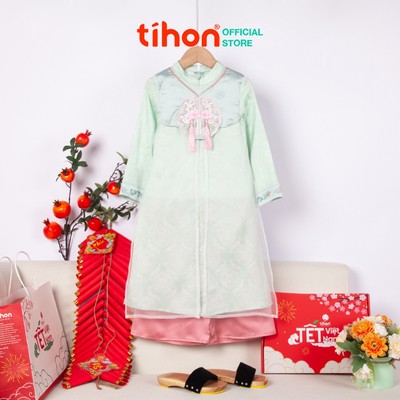 Hán phục cho bé gái TIHON cao cấp lụa vân chìm 2 tà phối voan kèm quần lụa thêu tỉ mỉ SET755120