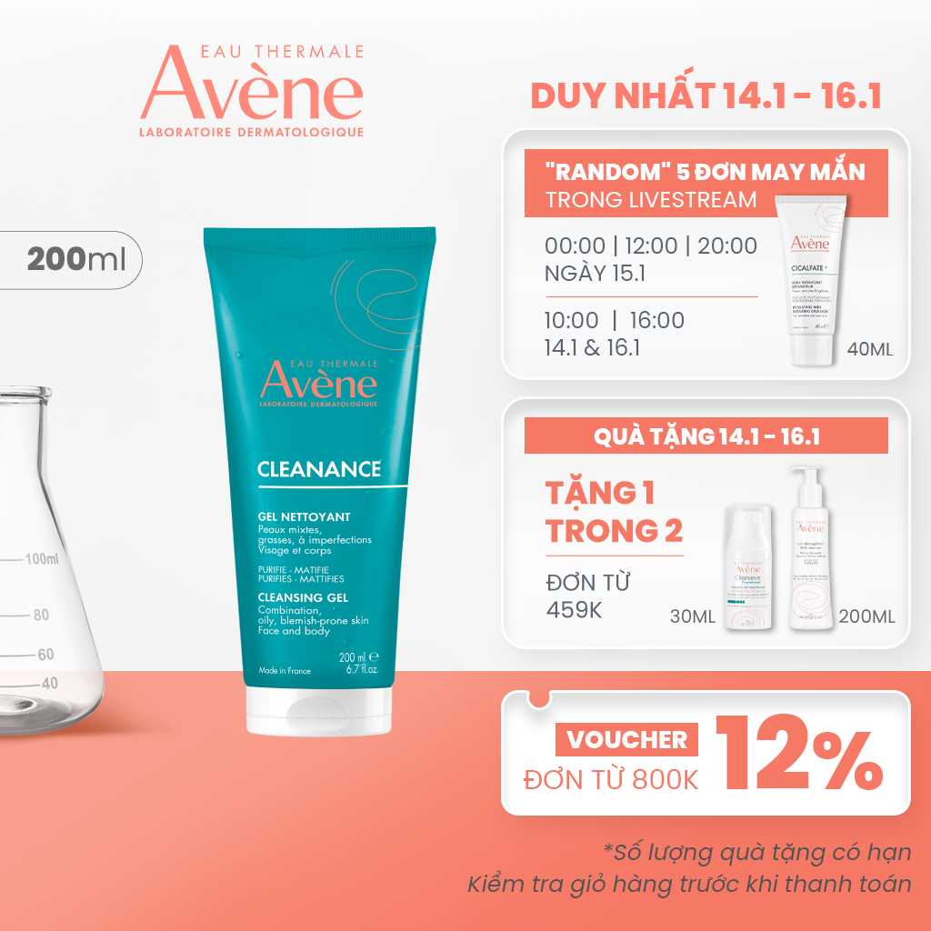 Gel rửa mặt cho da dầu mụn Eau Thermale Avène CLEANANCE Cleansing Gel làm sạch sâu bụi bẩn, bã nhờn 200ML