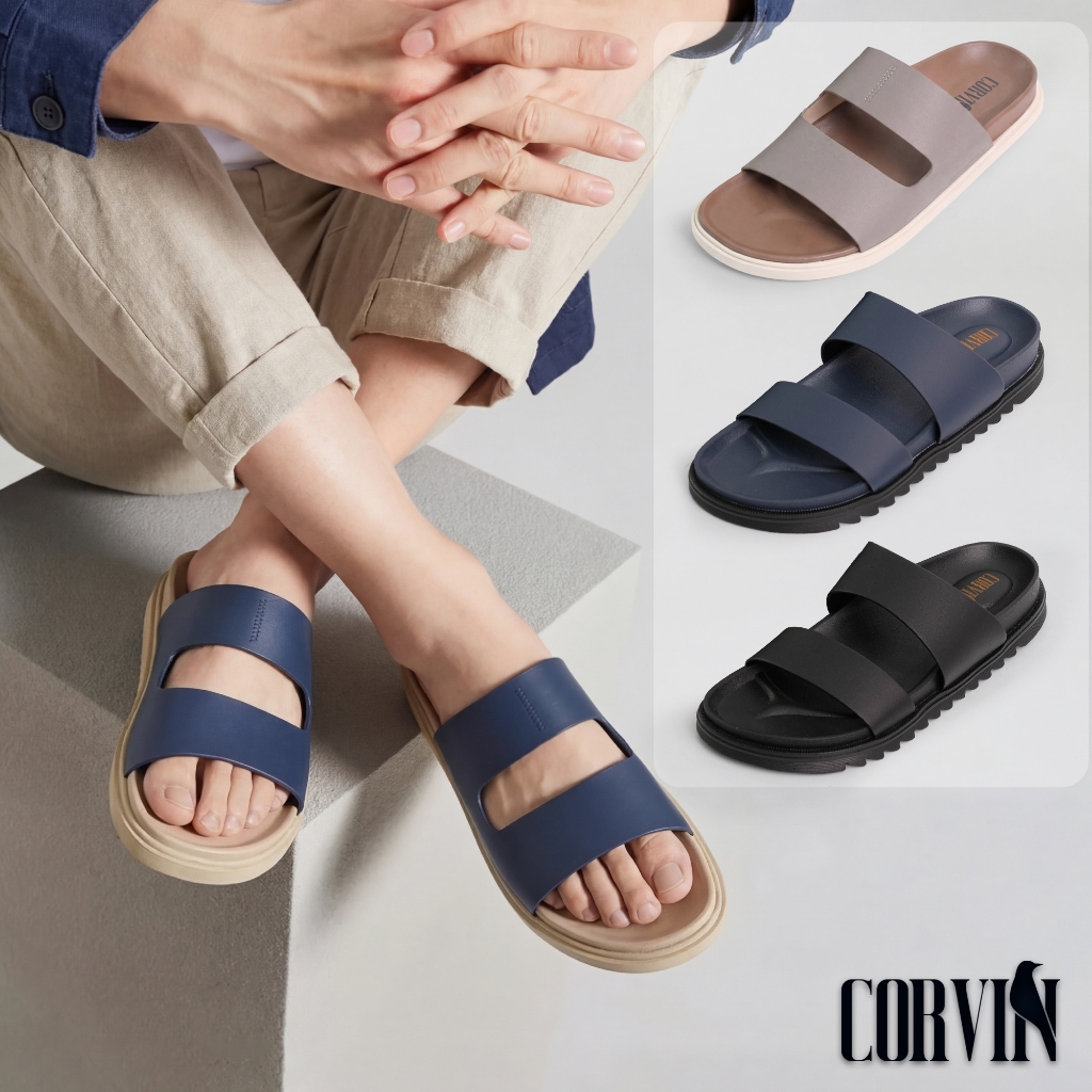 Dép da nam quai ngang trơn CORVIN thiết kế tối giản, form công thái học êm chân, đế chống trơn trượt