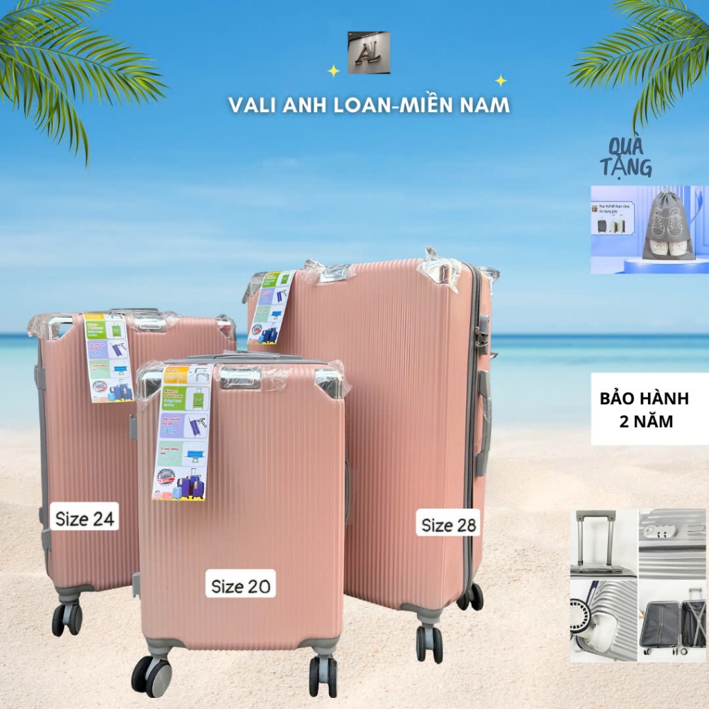 Vali Du lịch VL01 (TẶNG TÚI GIÀY) khoá kéo, nhựa ABS+PC chống va đập, size 20/24/28, nhiều màu, lỗi 1 đổi 1