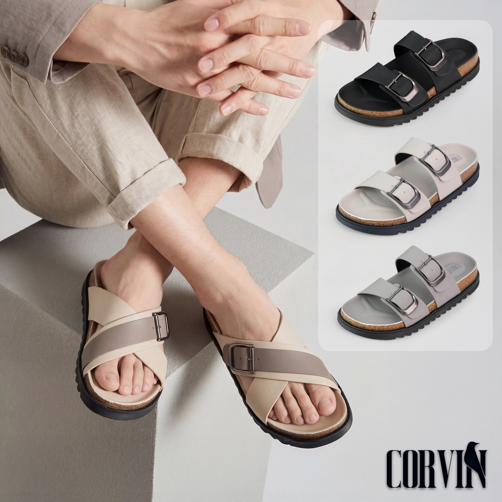 Dép nam CORVIN đế trấu da microfiber, thiết kế mới, dễ phối đồ, đế êm chân chống trơn trượt