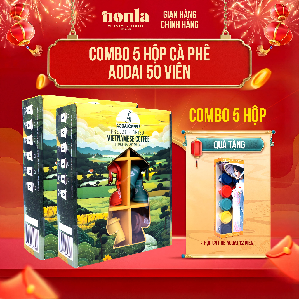 [ Tặng 1 Hộp 12 Viên ] Combo 5 Hộp 50 Viên Cà Phê Hòa Tan Sấy Thăng Hoa AODAI COFFEE 6 Cấp Độ