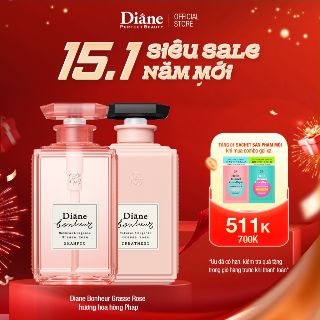 COMBO dầu gội dầu xả phục hồi hư tổn dưỡng tóc chăm sóc tóc Diane Bonheur Grasse Rose 500ml*2
