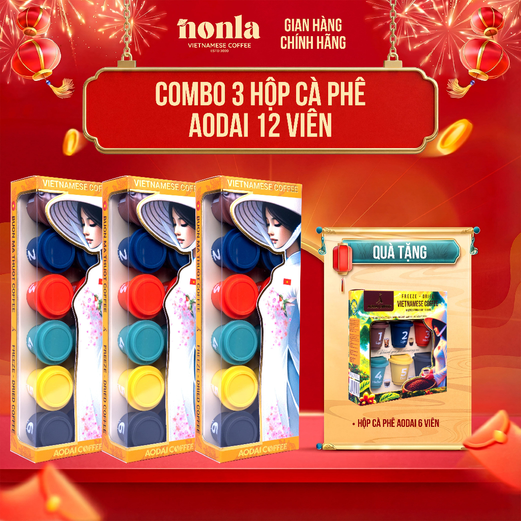 [ Tặng 1 Hộp 6 Viên ] Combo 3 Hộp 12 Viên Cà Phê Hòa Tan Sấy Thăng Hoa AODAI COFFEE 6 Cấp Độ