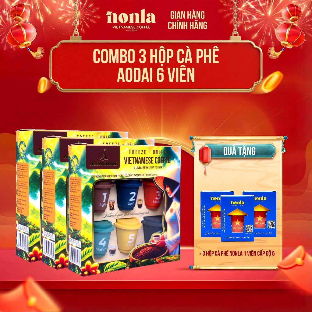 [ Tặng 3 Hộp 1 Viên NONLA ] Combo 3 Hộp 6 Viên Cà Phê Hòa Tan Sấy Thăng Hoa AODAI COFFEE 6 Cấp Độ