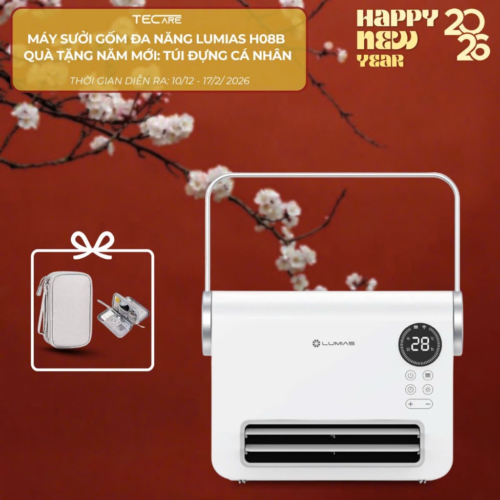 Lumias Máy sưởi H08B – Ceramic PTC 2000W, điều khiển app, hẹn giờ, treo tường, an toàn chống nước IP