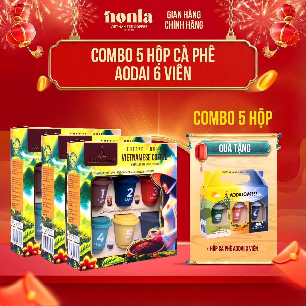 [ Tặng 1 Hộp 3 Viên ] Combo 5 Hộp 6 Viên Cà Phê Hòa Tan Sấy Thăng Hoa AODAI COFFEE 6 Cấp Độ