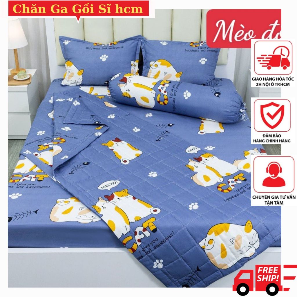 Ga trải giường 1Mx2M, Ga giường 1m2x2m giành cho kí túc xá, giường đơn mẫu Mèo Đôi mới cập nhập