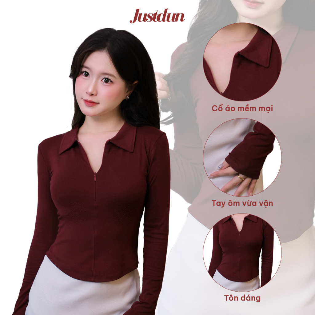 [Mở Bán] Áo Thun Nữ JUSTDUN 13A - Tay Dài, Ôm Body, Cổ Bẻ Phối Khóa Kéo, Dáng Vạt Bầu, Cotton Mịn | BigBuy360 - bigbuy360.vn